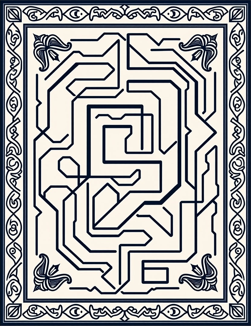 Creamy Navy Abstract Circuitry Maze Rug