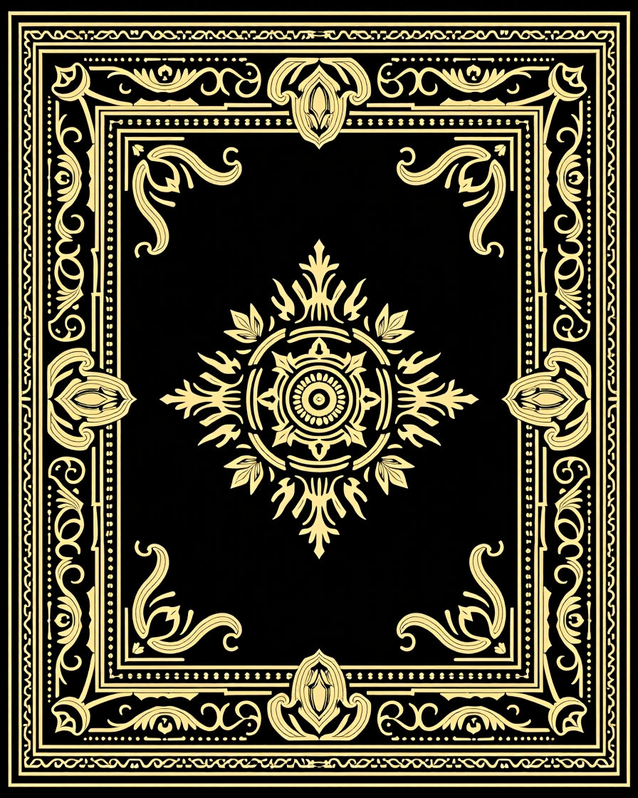 Black Gold Ornate Floral Medallion Rug