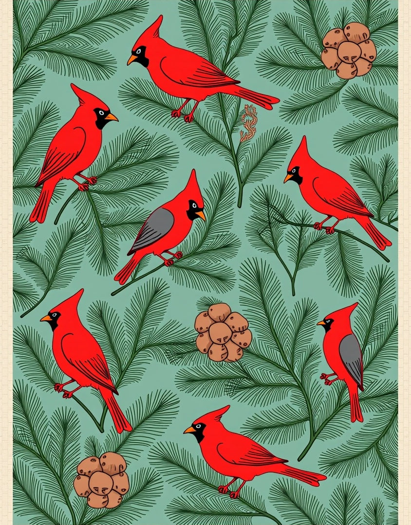 Red Cardinals Pine Branches Rug