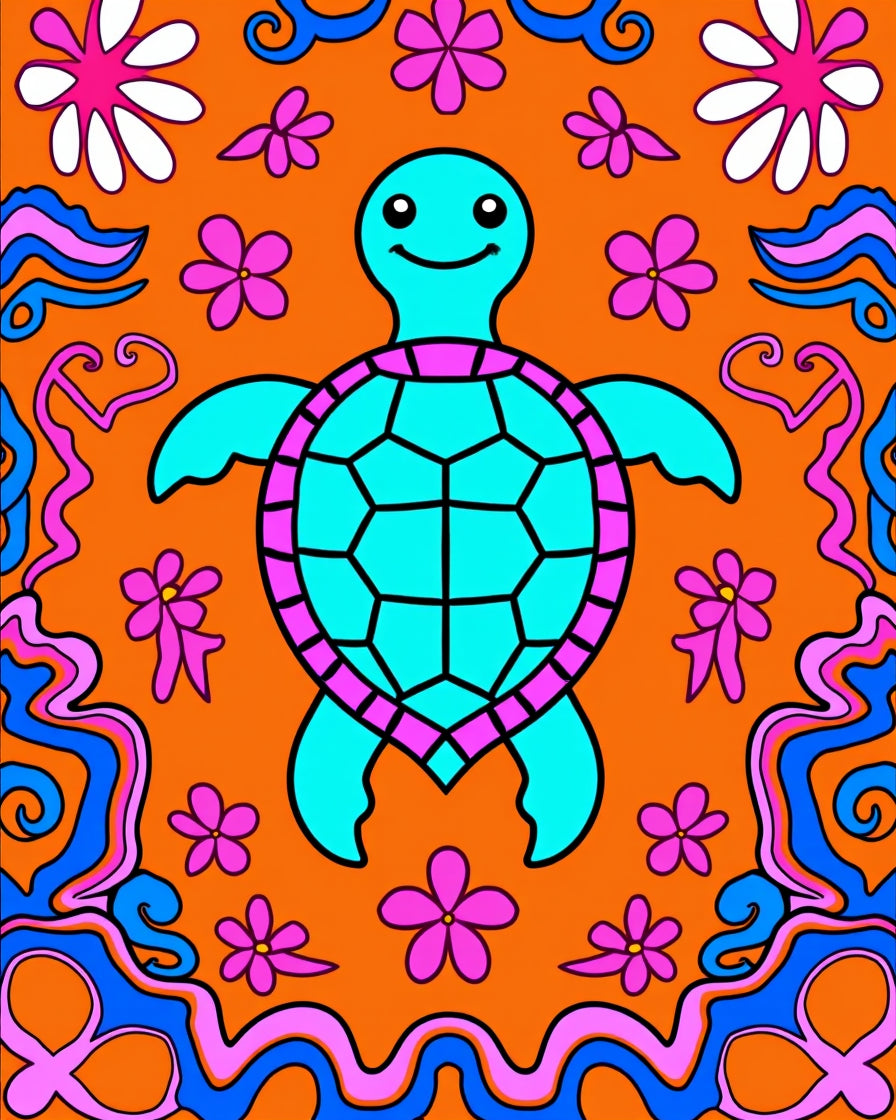 Groovy Teal Turtle Flower Power Rug