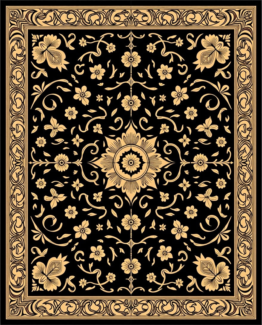 Black Golden Floral Medallion Border Rug