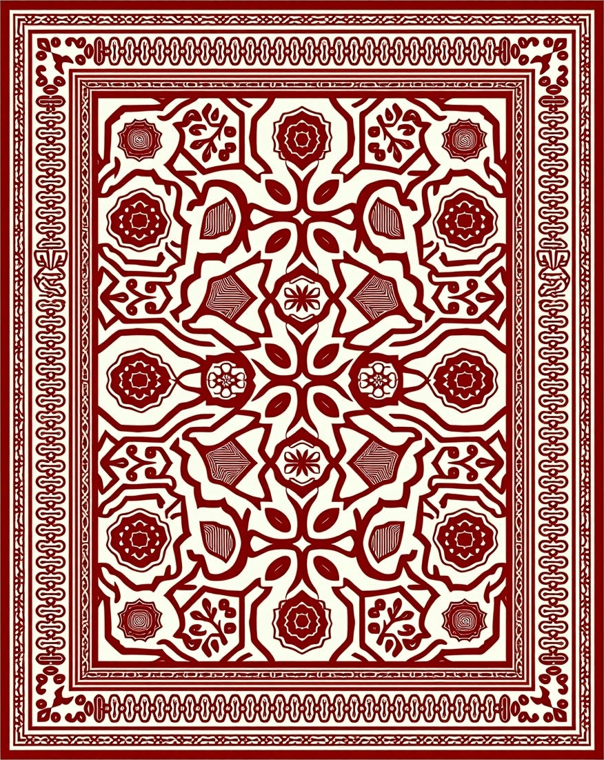 Crimson Botanical Symmetry Border Art Rug