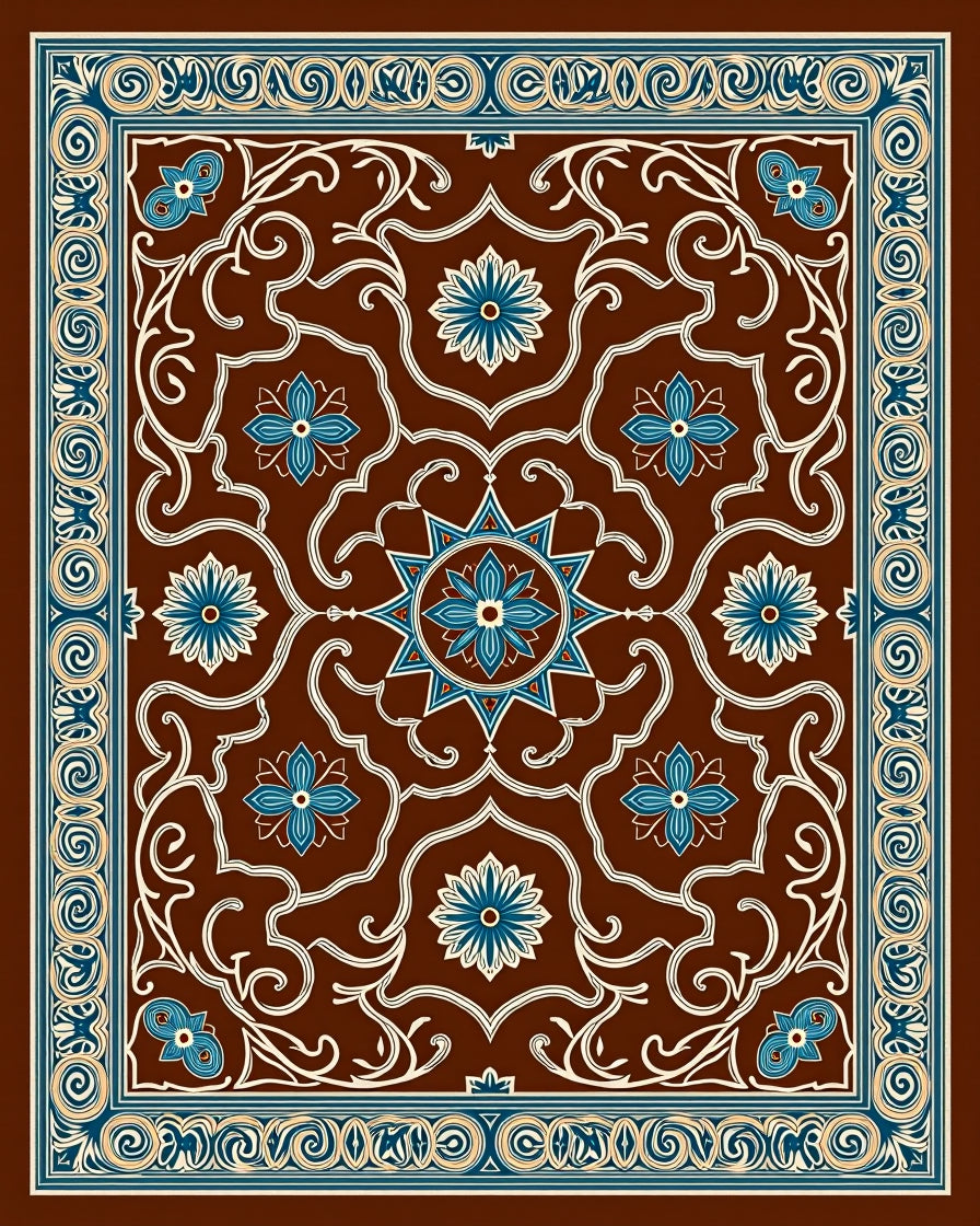 Brown Blue Floral Arabesque Scroll Rug
