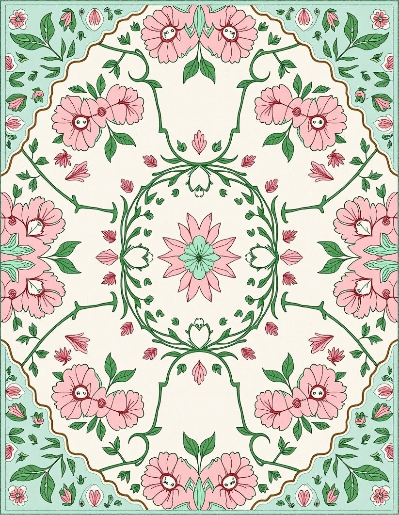 Pink Floral Garden With Green Vines Rug