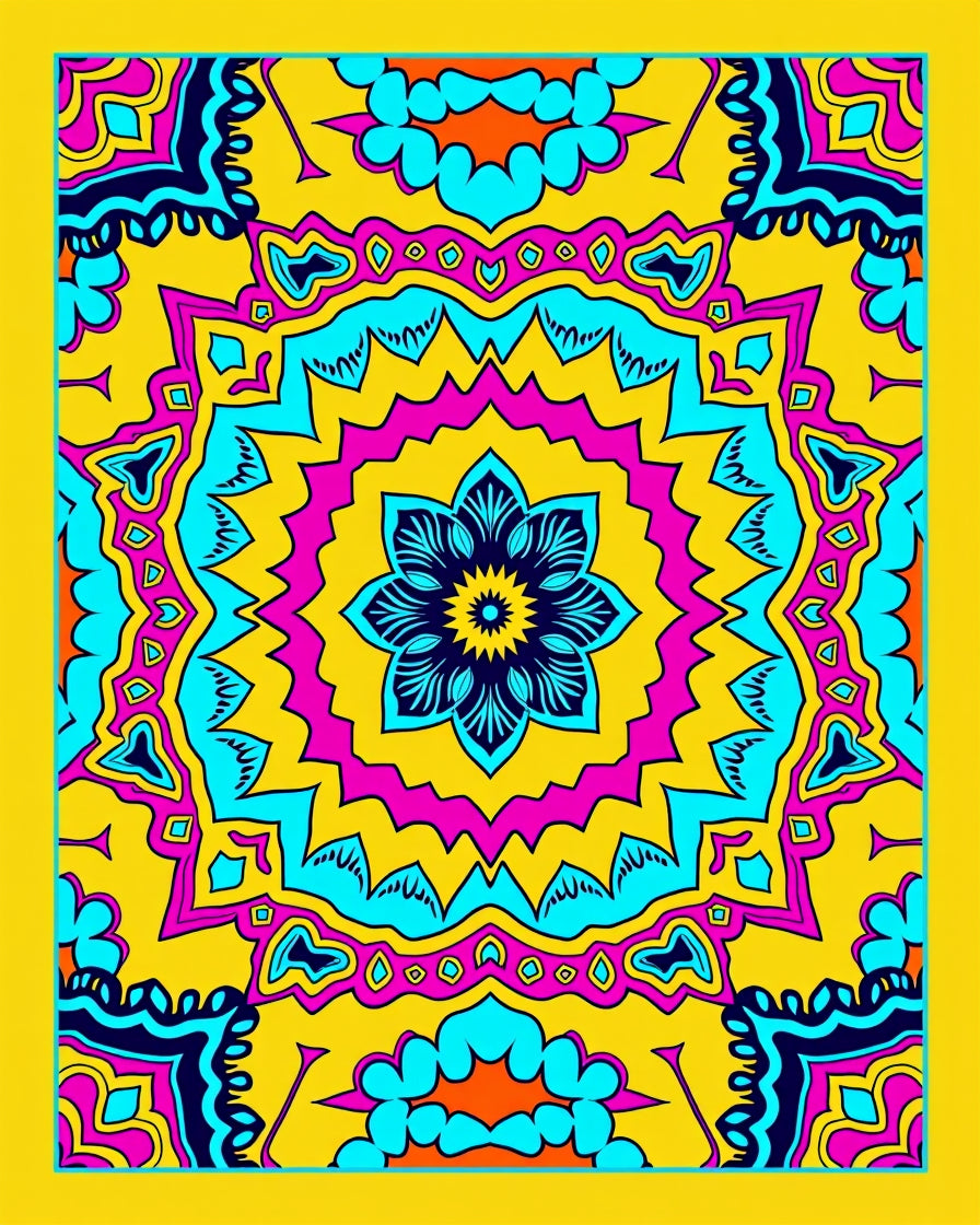 Vibrant Yellow Pink Blue Floral Mandala Rug