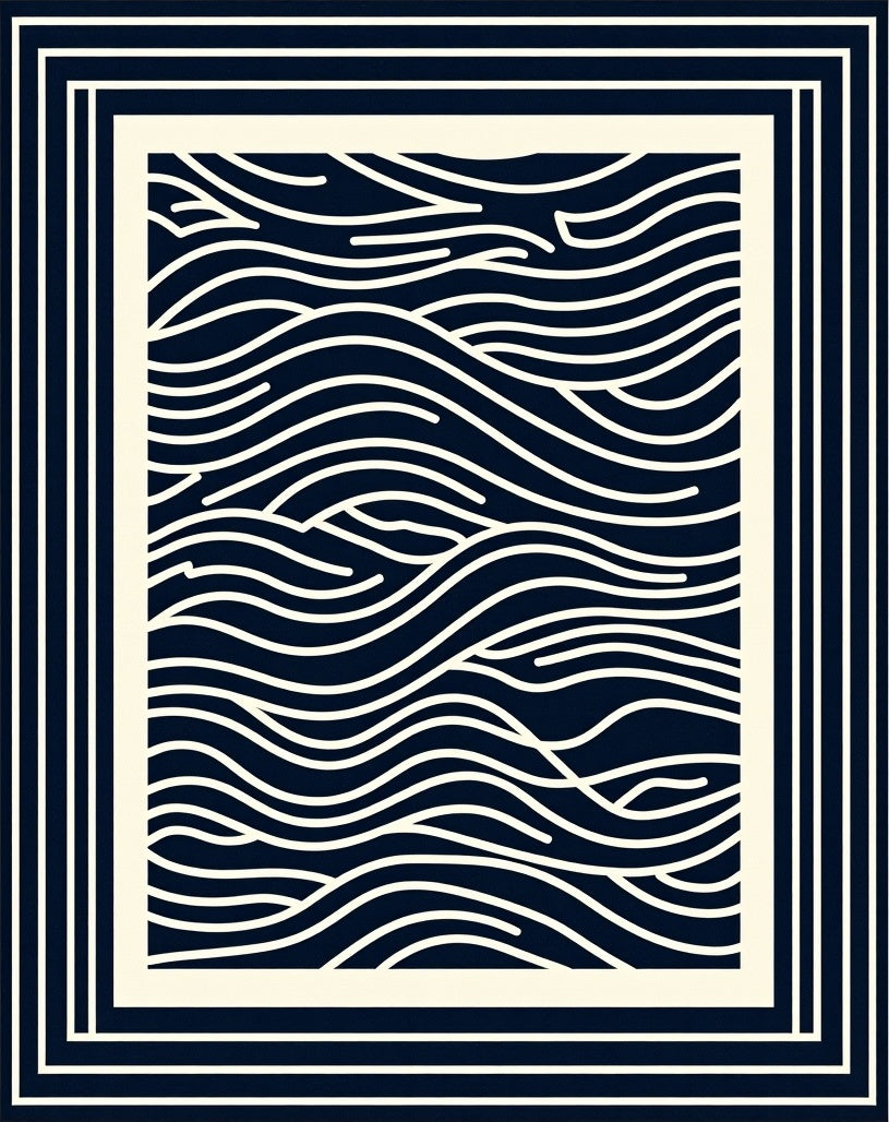 Navy Cream Wavy Lines Border Rug