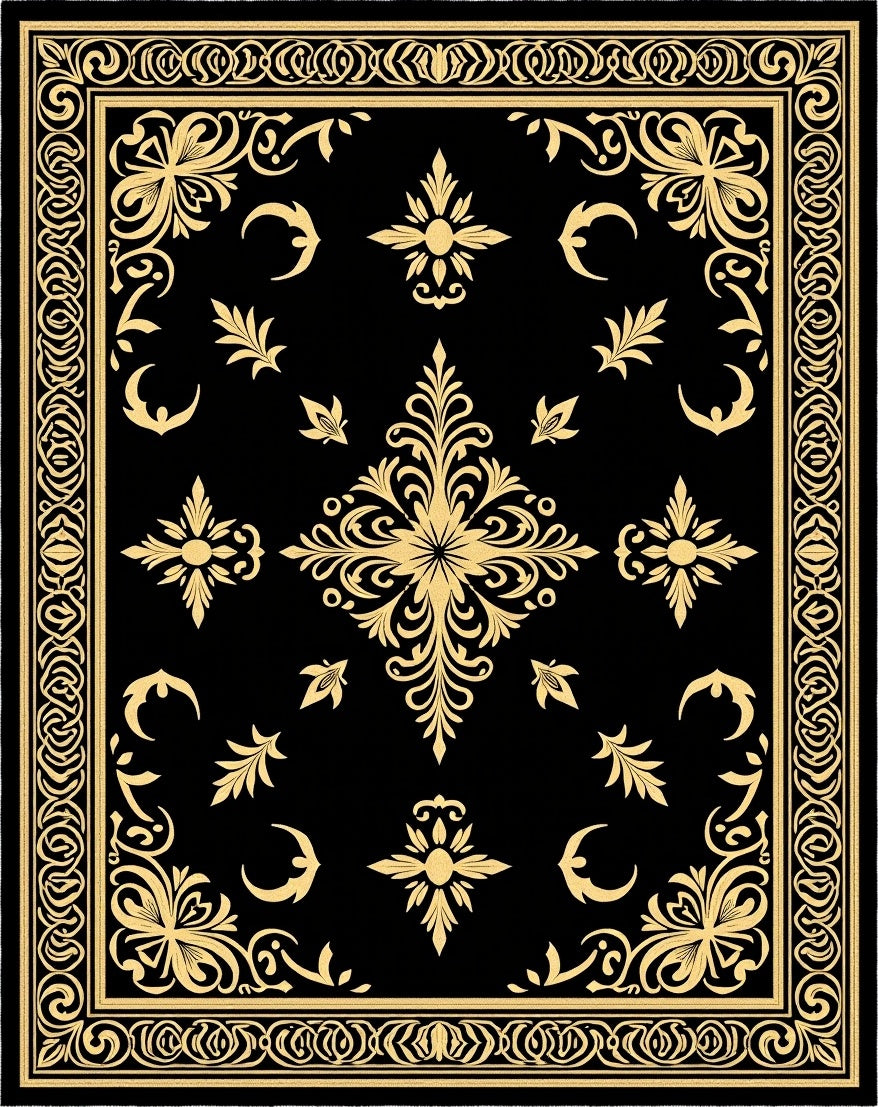 Classic Black Golden Floral Frame Rug