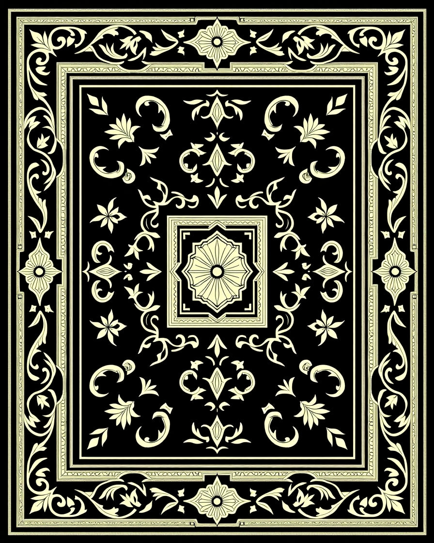 Ivory Floral Border Black Rug