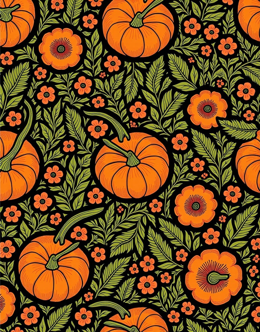 Orange Pumpkin Floral Black Garden Rug