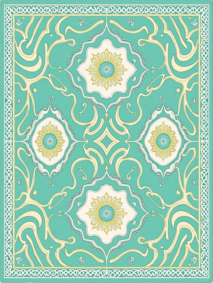Teal Yellow Floral Medallion Border Rug
