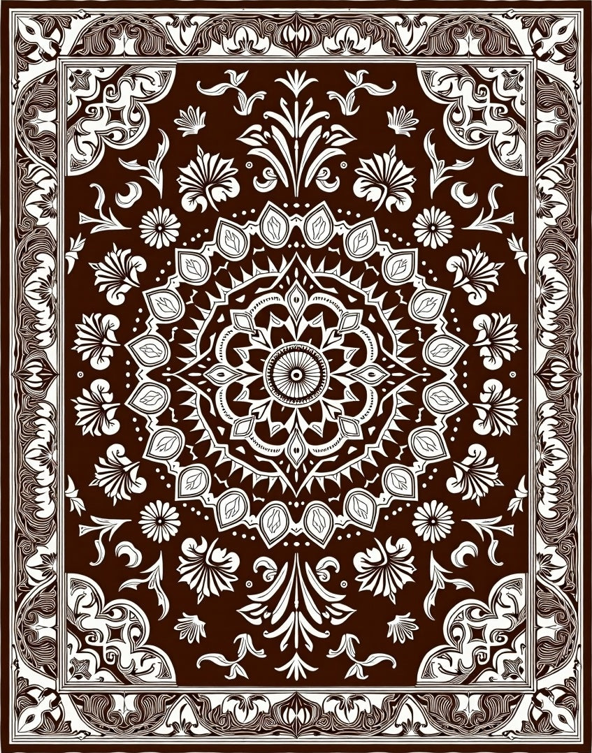 Dark Chocolate White Floral Mandala Medallion Rug