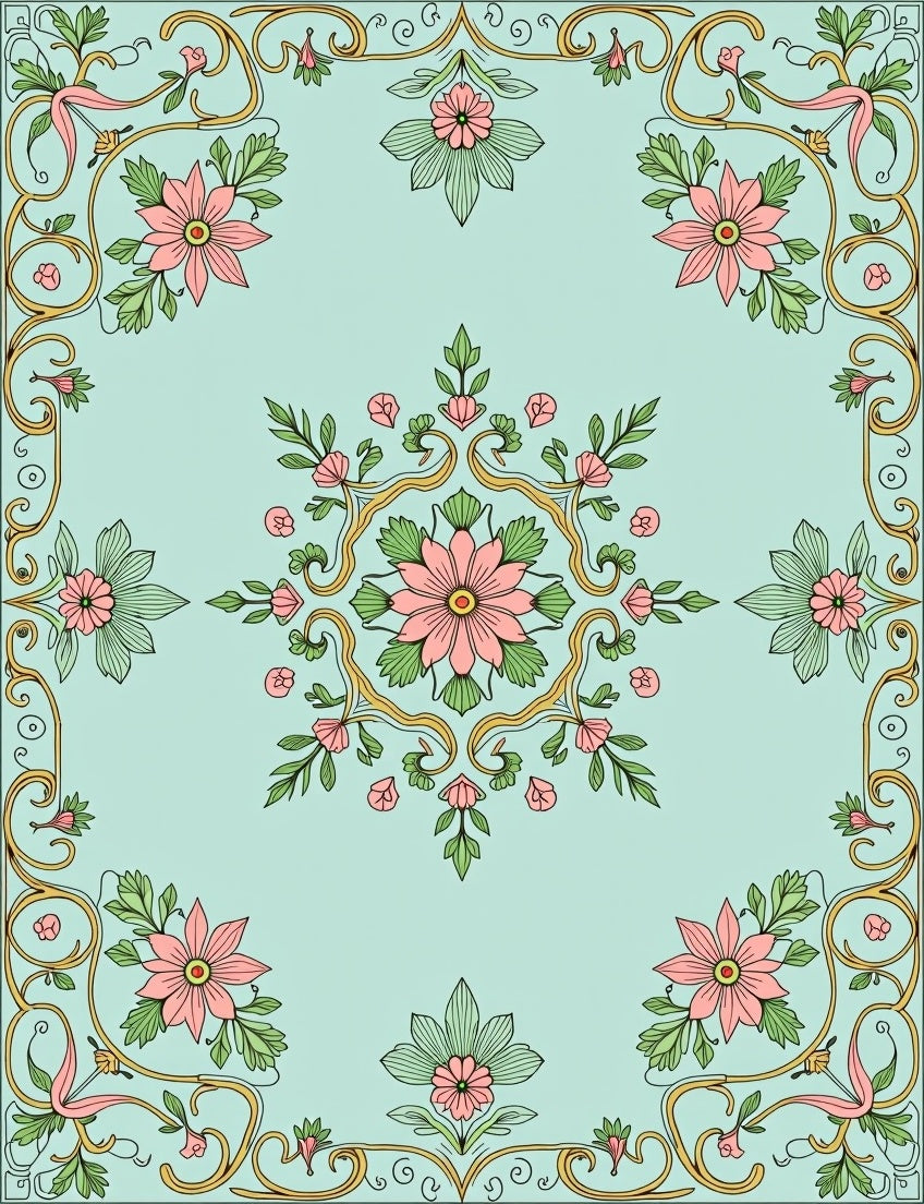 Art Nouveau Pink Floral Border Rug