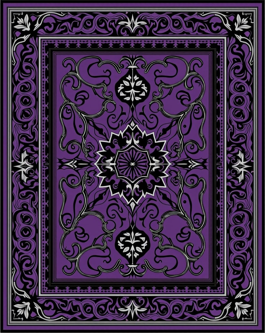 Ornate Purple Black Medallion Border Rug