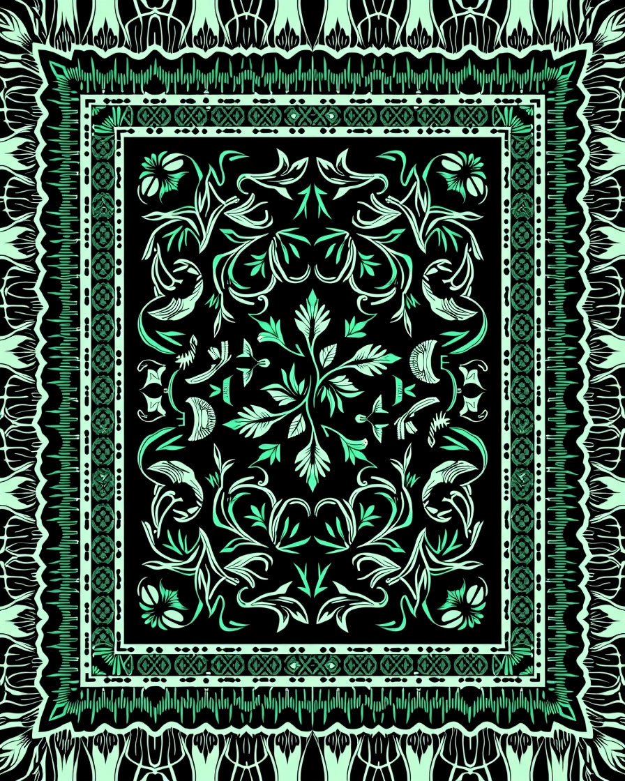 Emerald Black Floral Border Rug
