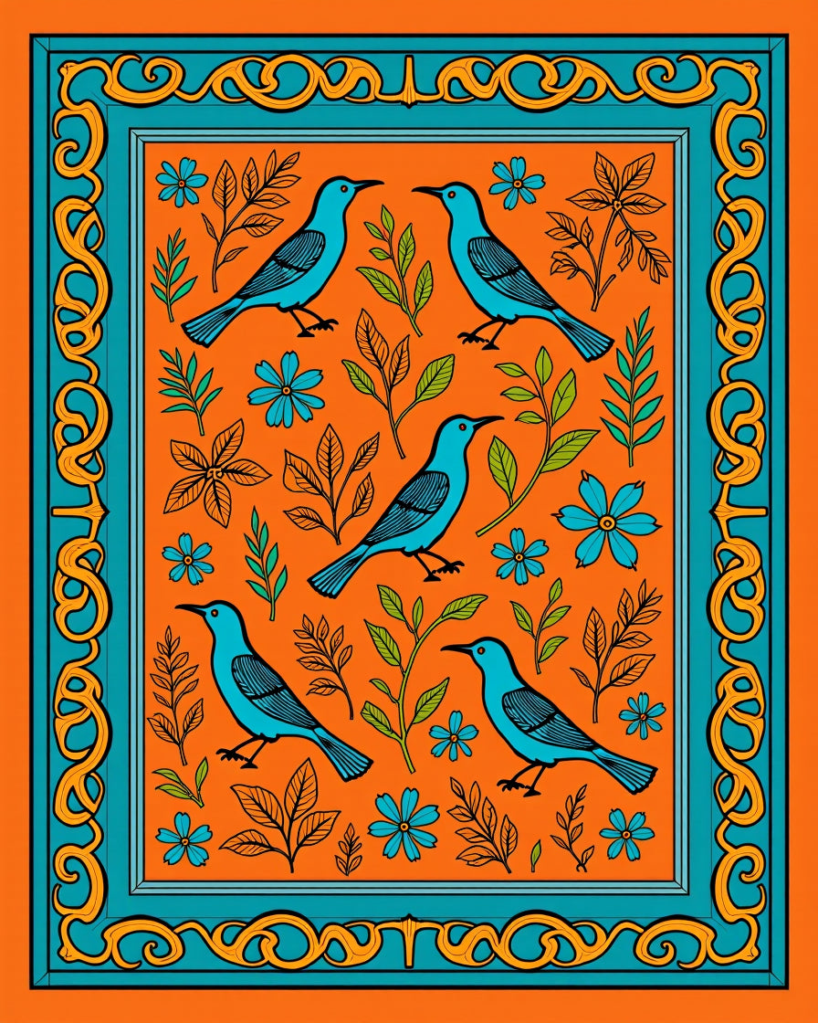 Orange Blue Birds Floral Border Rug