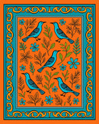 Orange Blue Birds Floral Border Rug