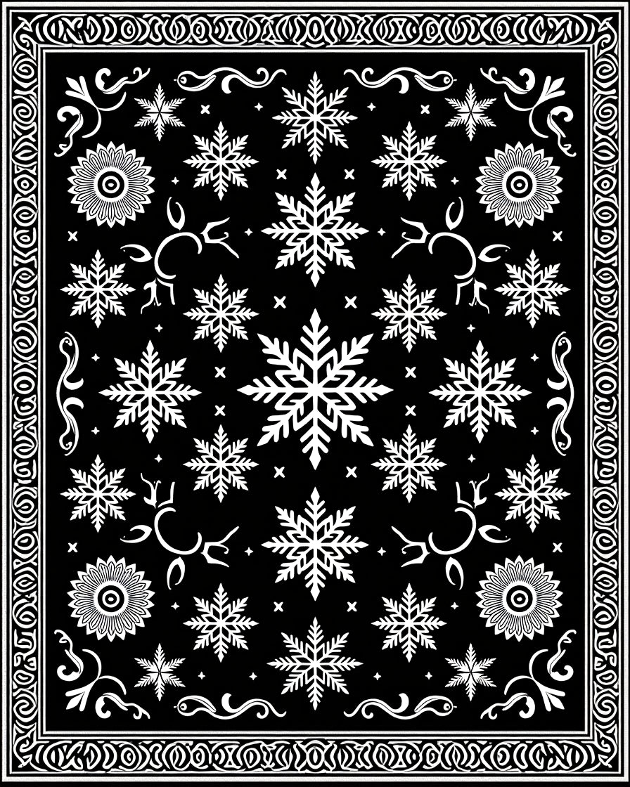 Black White Snowflake Ornamental Border Rug