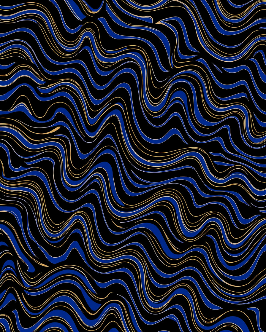 Bold Blue Golden Wave Abstract Rug