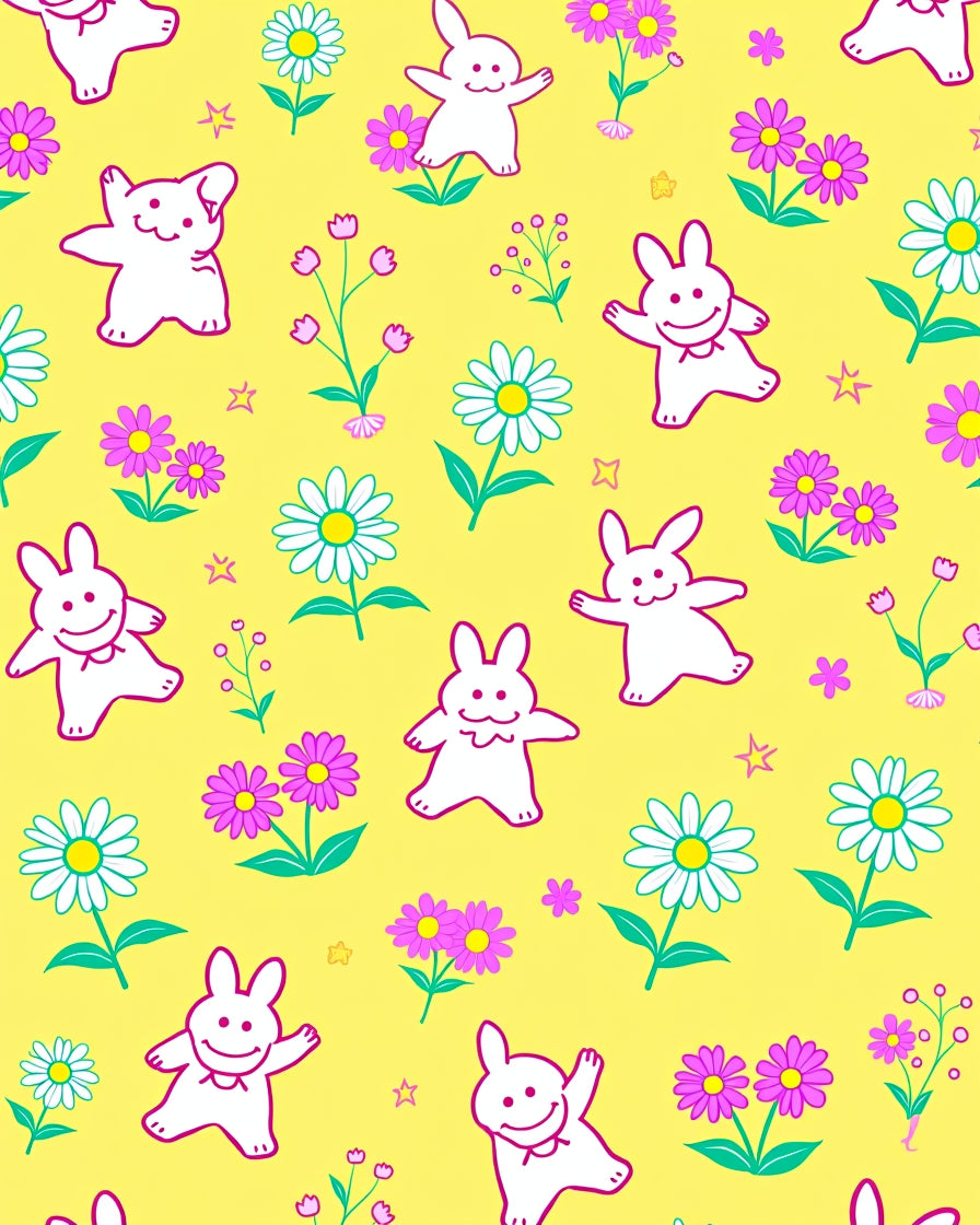 Charming White Bunnies Pink Flowers Yellow Rug