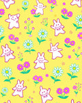 Charming White Bunnies Pink Flowers Yellow Rug