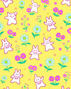 Charming White Bunnies Pink Flowers Yellow Rug