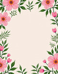 Pink Floral Border With Green Leaves Rug