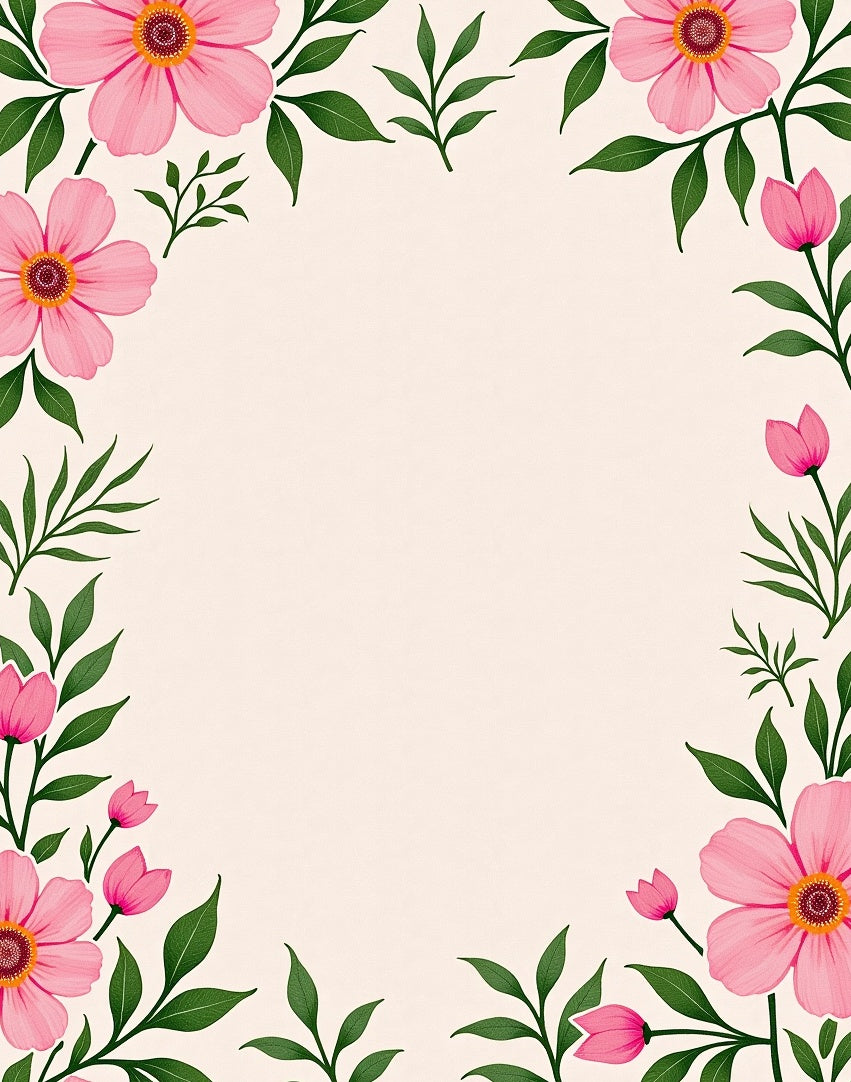 Pink Floral Border With Green Leaves Rug