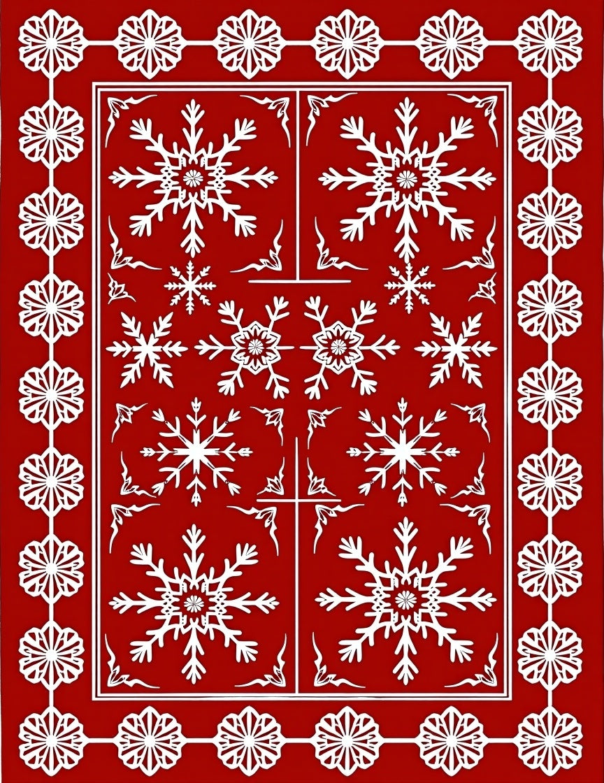 Crimson White Snowflake Border Rug