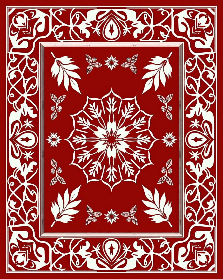 Crimson White Floral Medallion Border Rug
