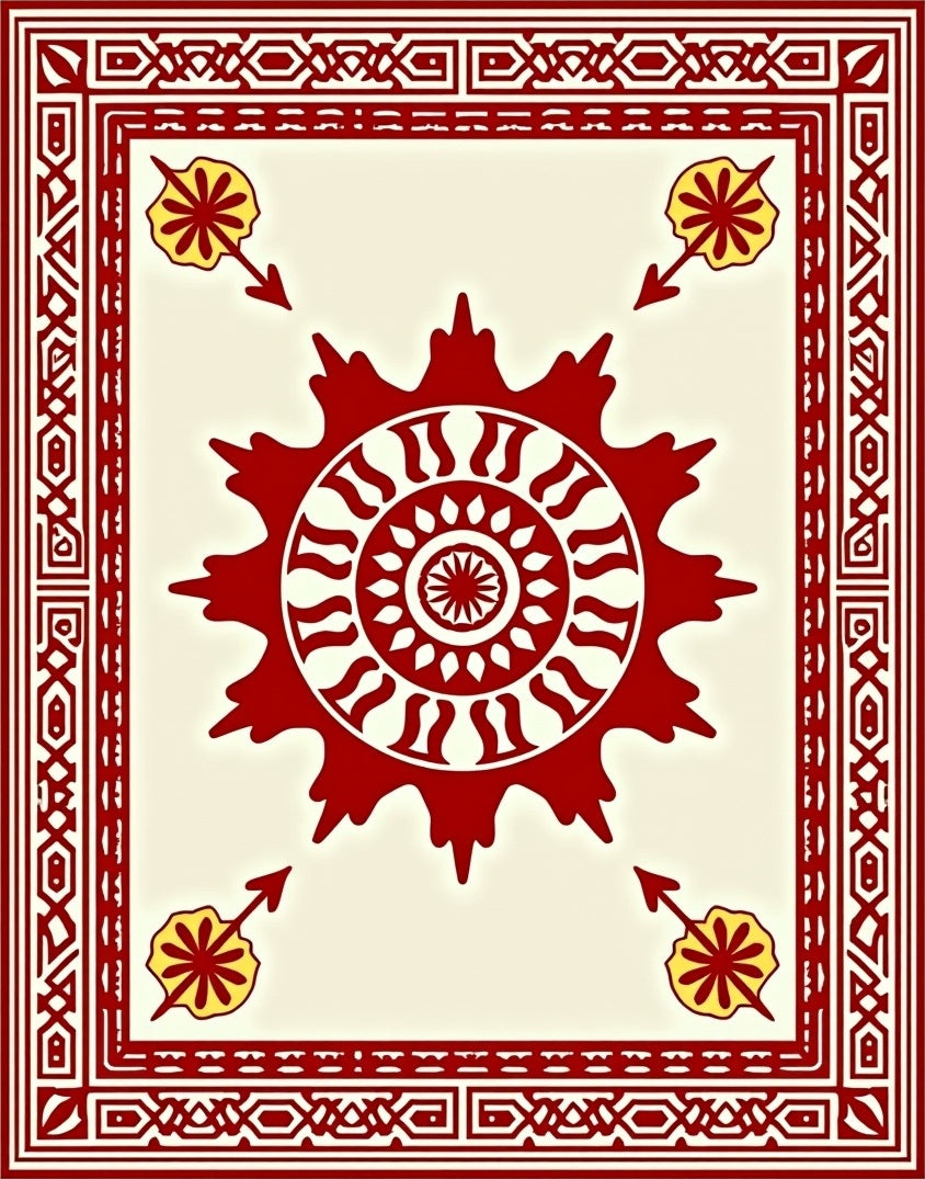 Crimson Sun Yellow Arrow Border Rug