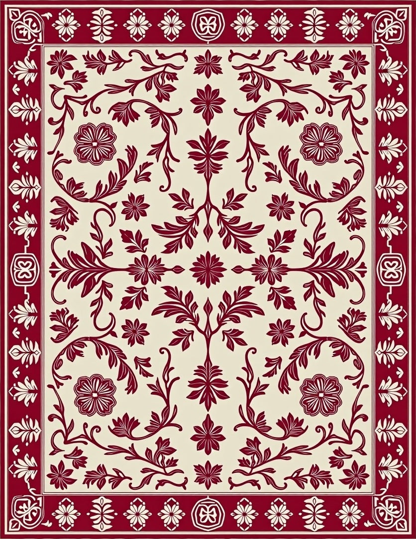 Crimson Floral Vine Medallion Rug