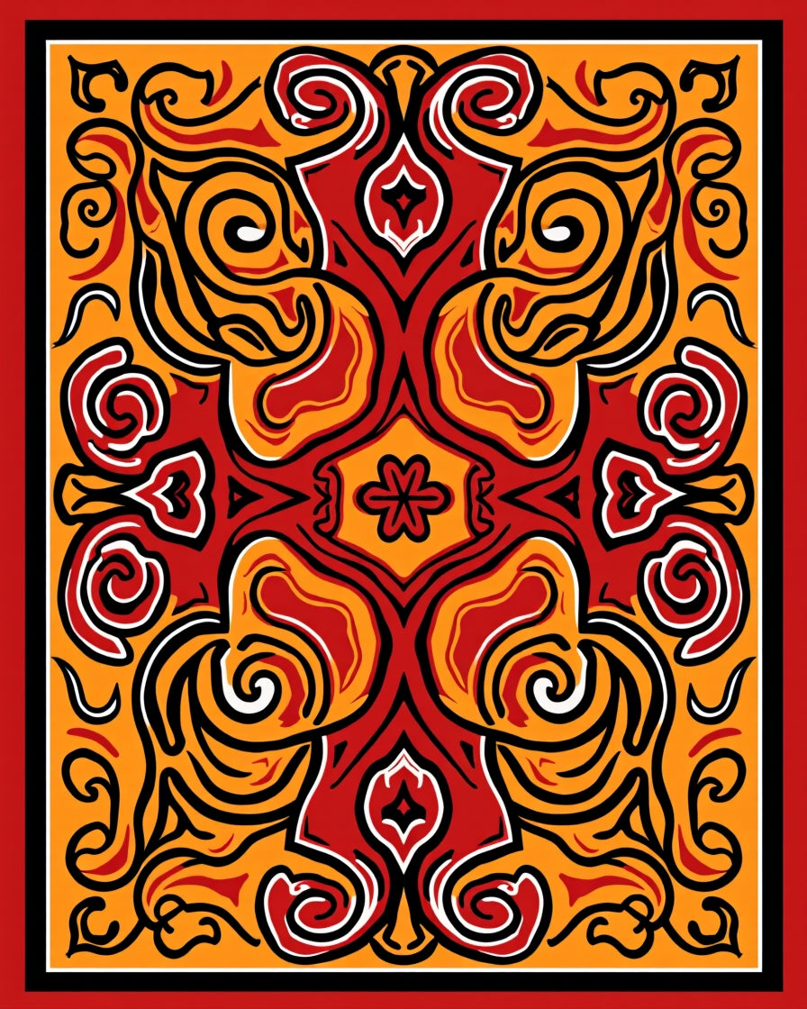 Vibrant Red Yellow Symmetry Swirls Rug