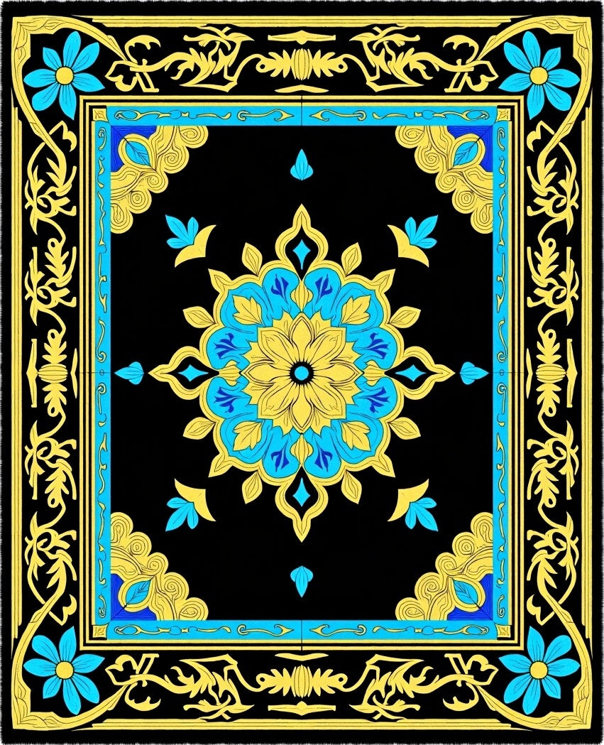Black Yellow Blue Floral Medallion Rug