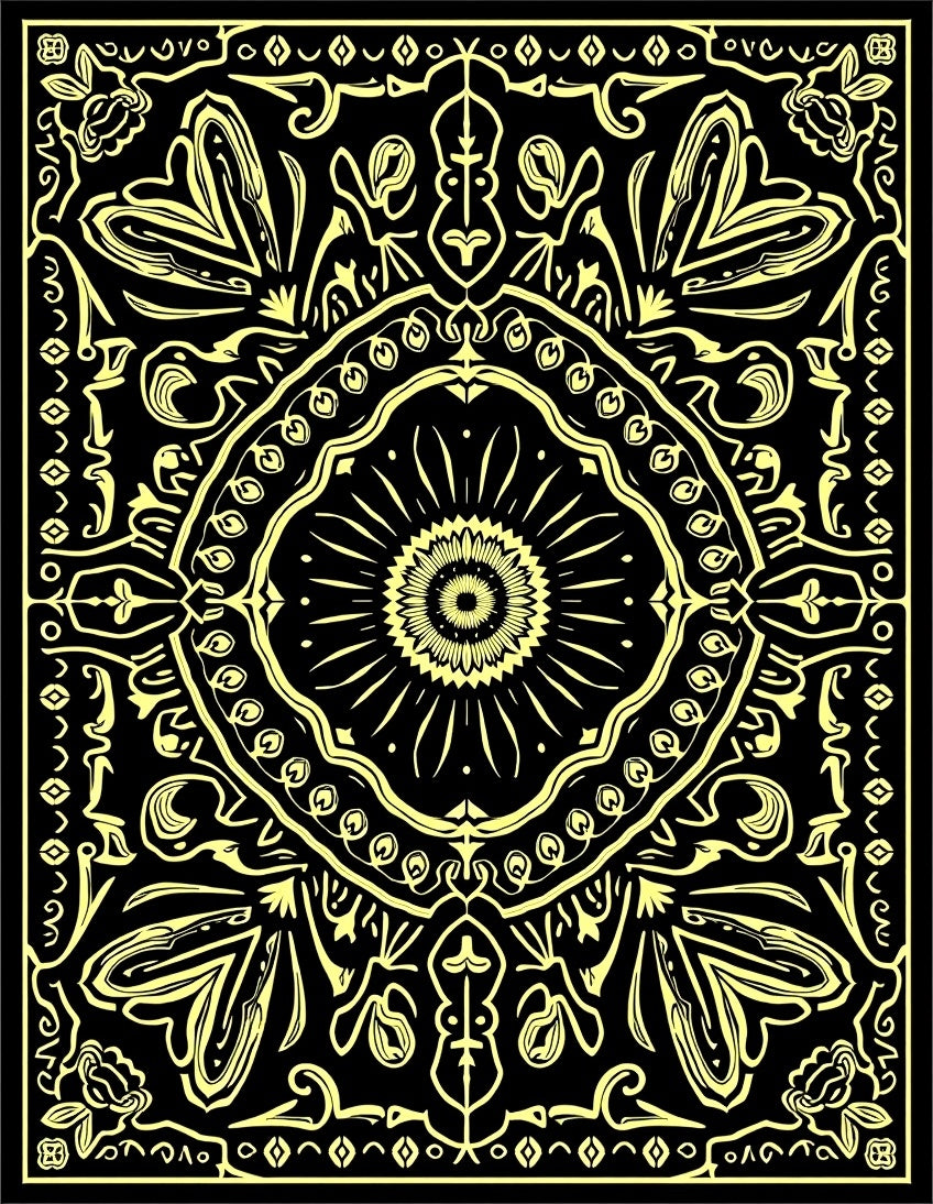 Golden Black Floral Symmetry Rug