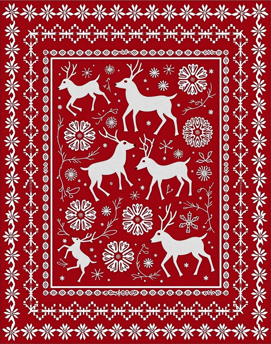 Red White Deer Snowflake Nordic Rug