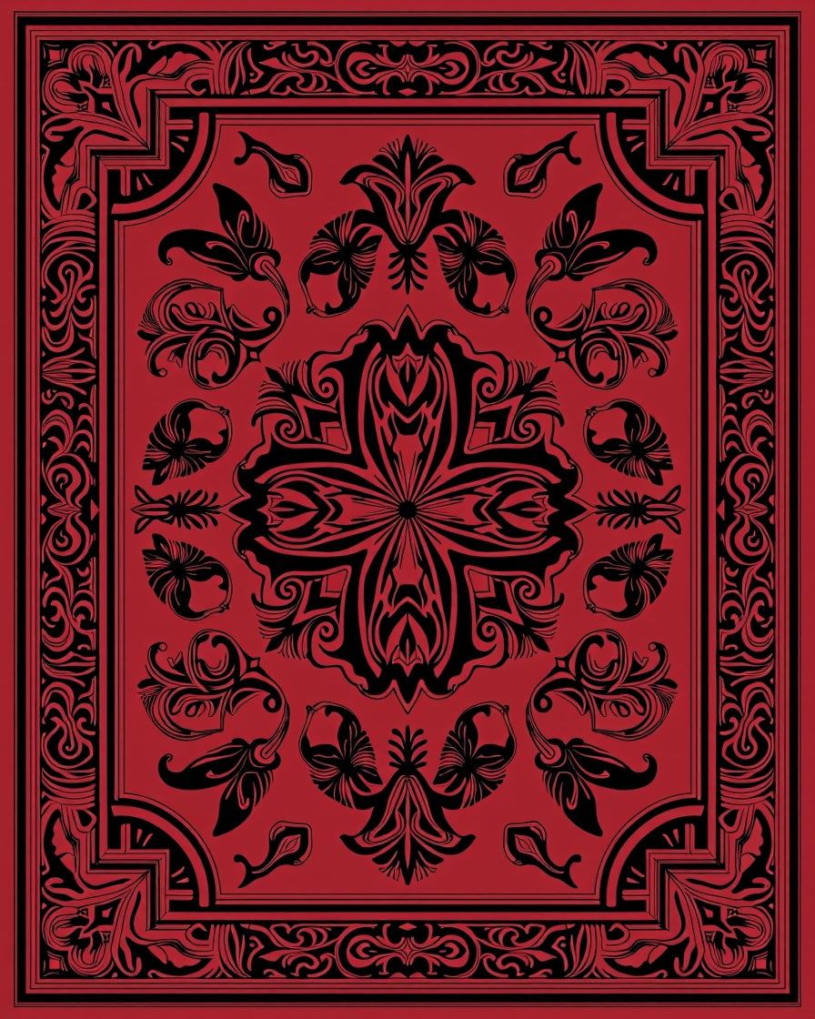 Crimson Black Ornate Floral Medallion Rug