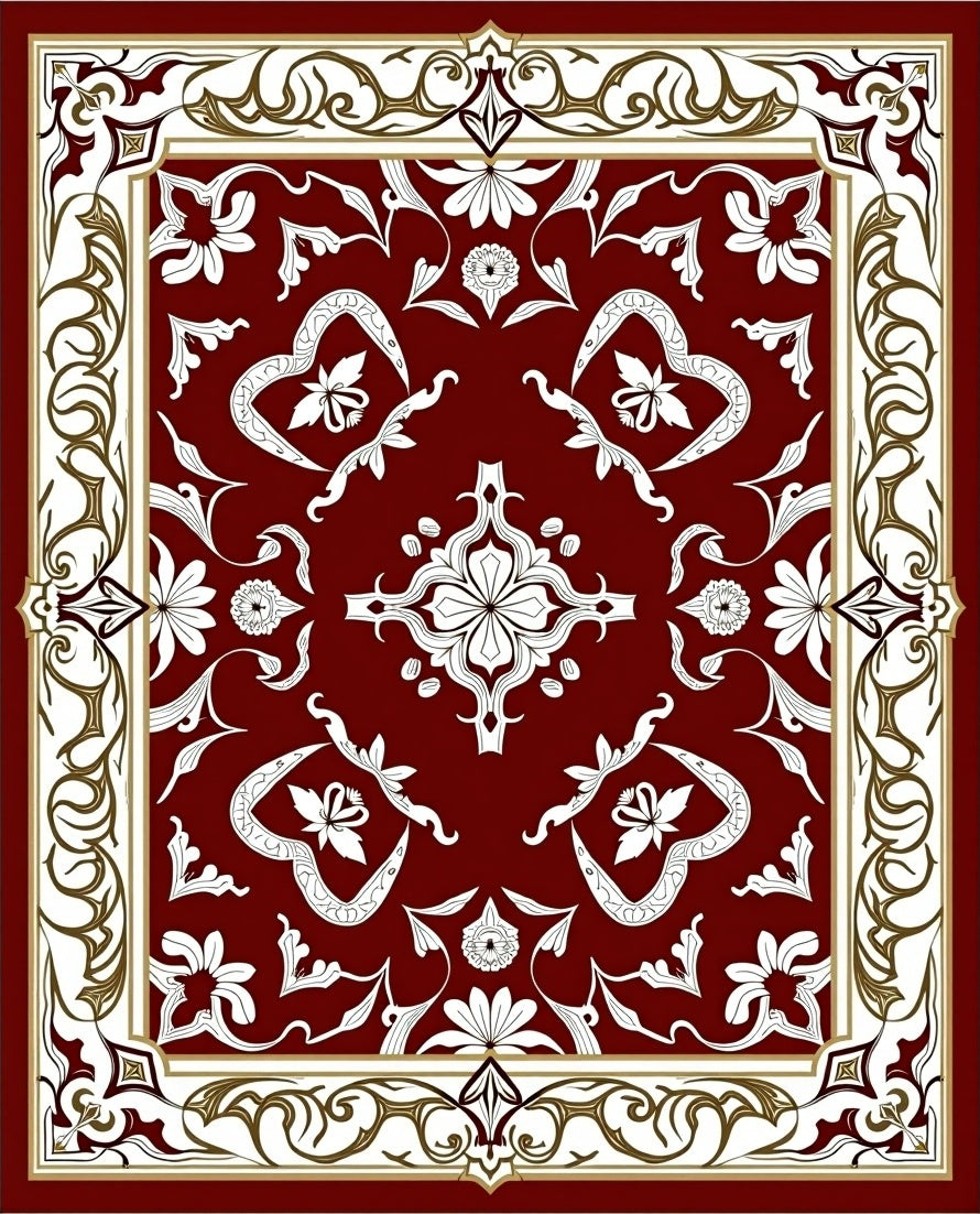 Deep Red White Botanical Scrollwork Rug