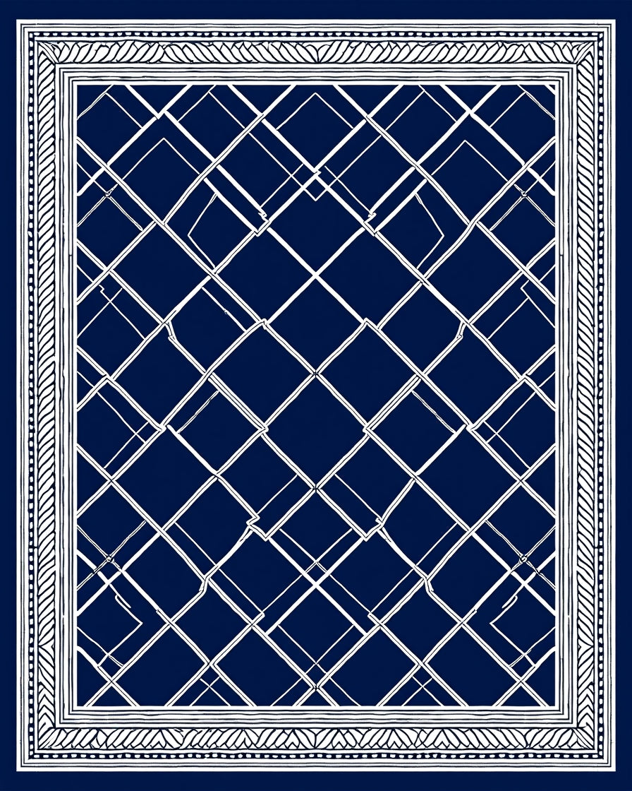 Deep Blue White Intersecting Diamonds Rug