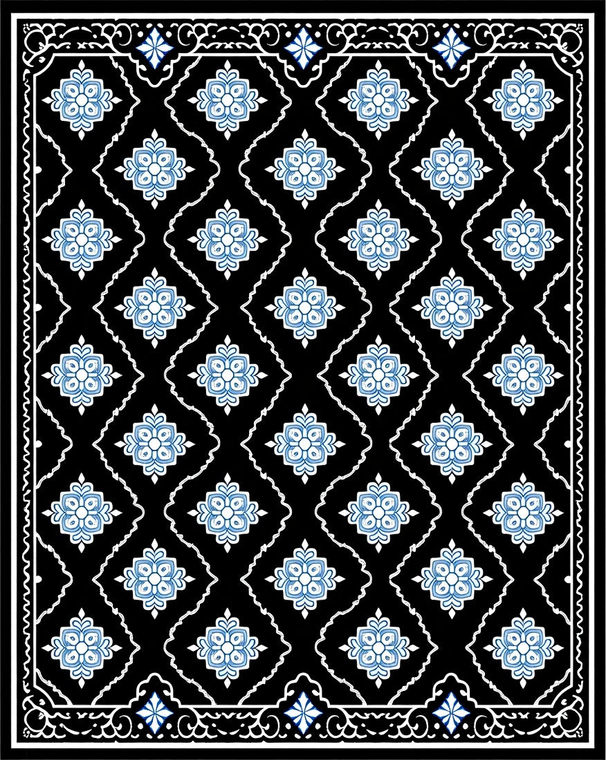 Black Blue Floral Diamond Medallion Rug