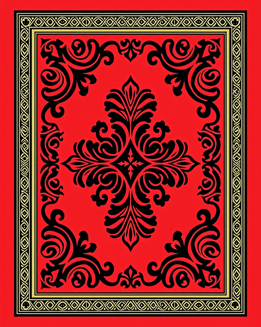 Crimson Black Damask Scrollwork Medallion Rug