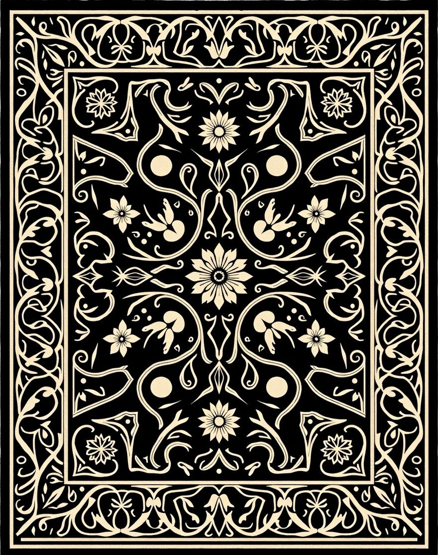 Black Floral Vine Medallion Rug
