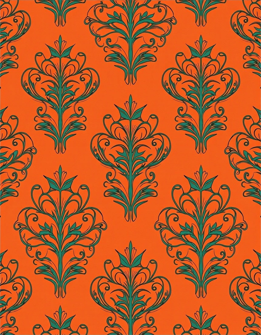 Orange Teal Vintage Floral Scroll Rug