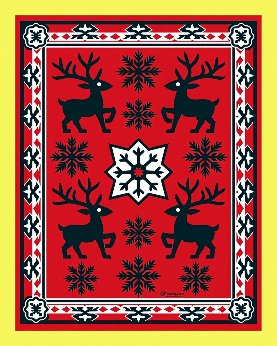 Red Reindeer Snowflake Folk Art Rug