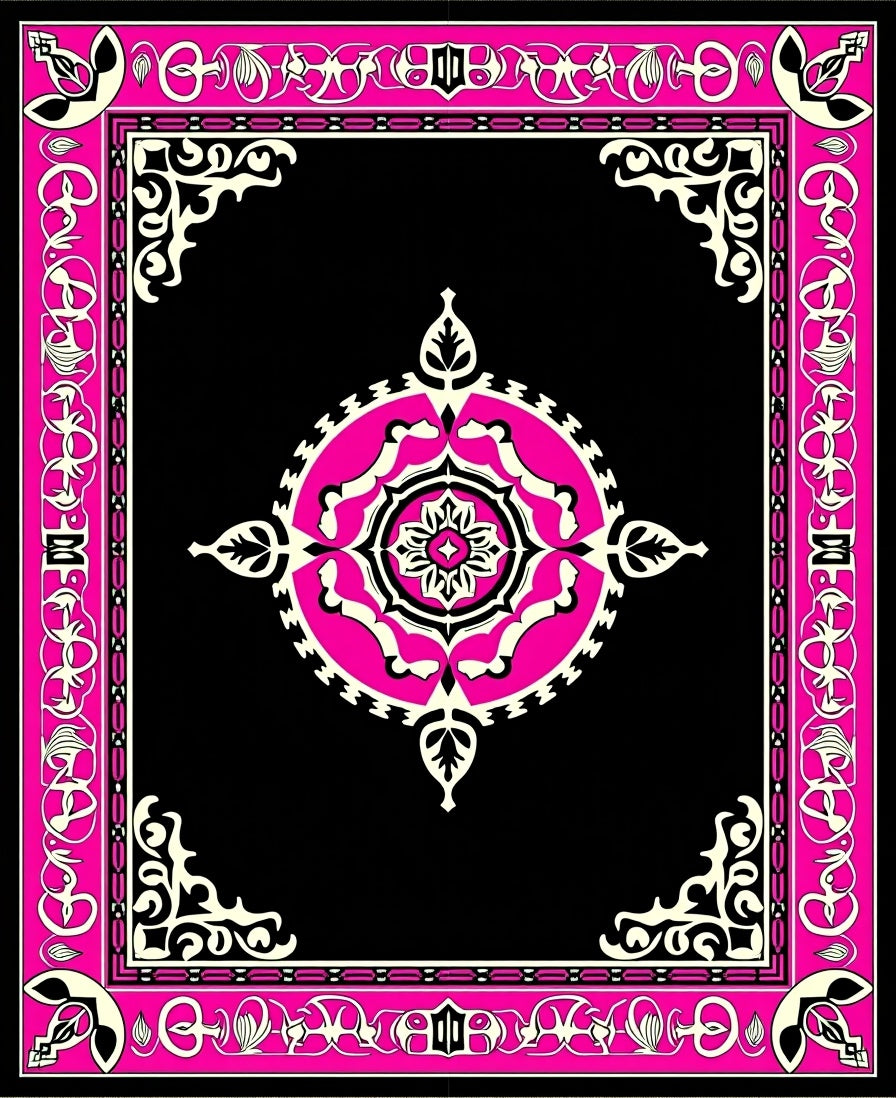 Vibrant Pink Black Floral Medallion Border Rug