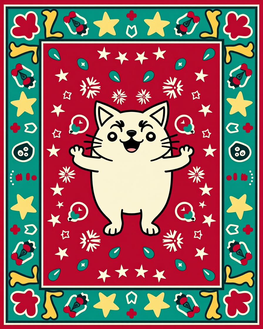 Joyful Cream Cat Red Starburst Border Rug
