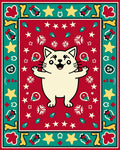 Joyful Cream Cat Red Starburst Border Rug