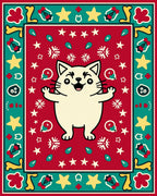 Joyful Cream Cat Red Starburst Border Rug