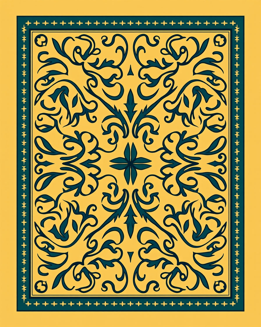 Deep Teal Floral Scrollwork Ornate Rug
