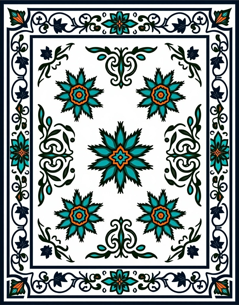 Teal Orange Starburst Floral Border Rug
