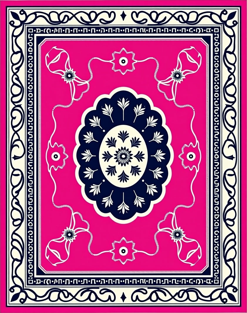 Vibrant Pink Navy Floral Scroll Rug